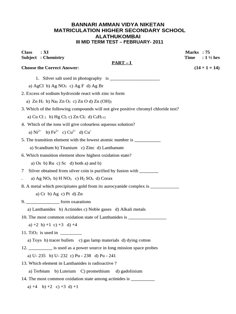 XI Chemistry Mid Term Test 2011 | PDF | Silver | Chlorine