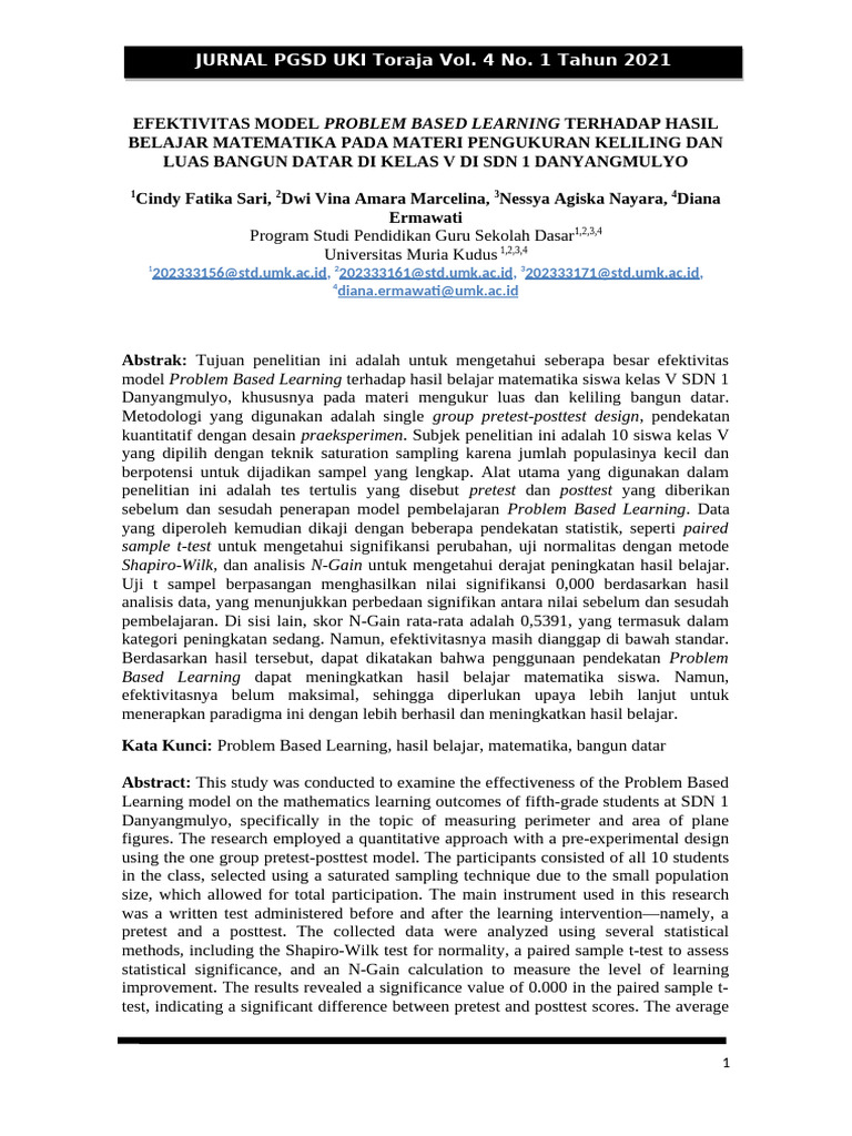 Efektivitas Problem Based Learning Matematika | PDF