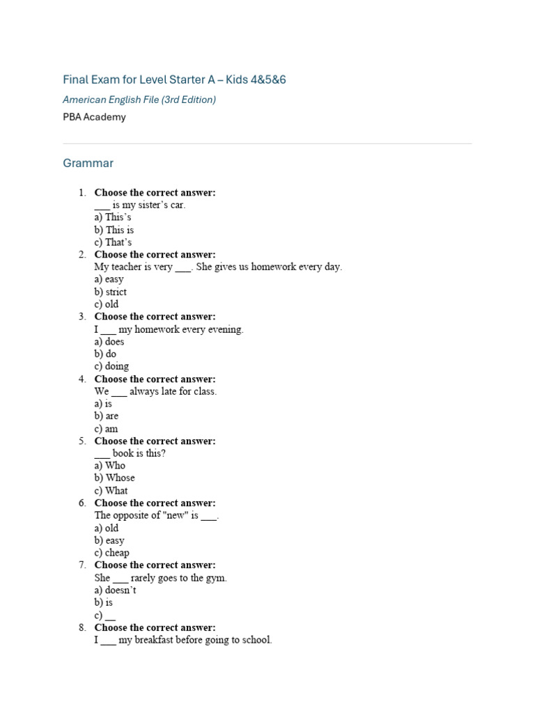 AEF Starter Final Exam - Kids 4&5&6 | PDF | Chess | Chess Theory