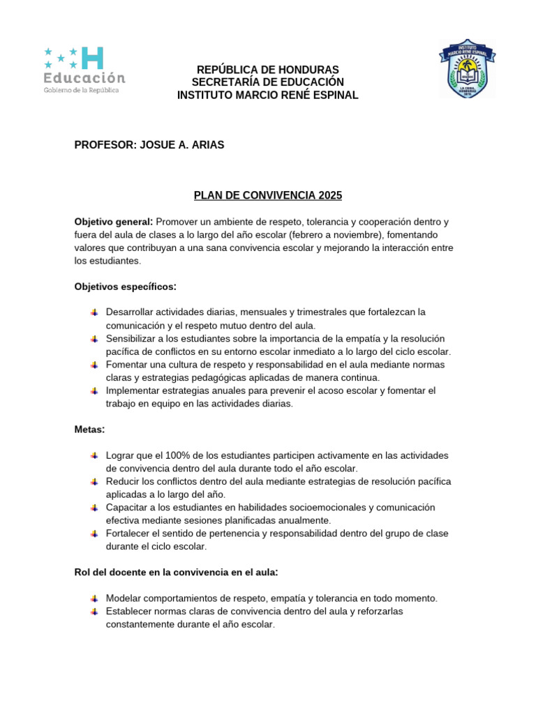 Plan de Convivencia Escolar 2025 | PDF | Salón de clases | Maestros