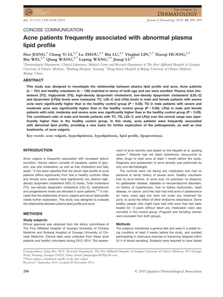 Acne Patients Frequently Associated With Abnormal Plasma Lipid Profile ...