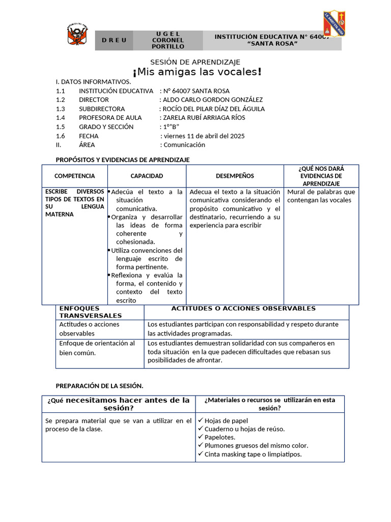 Sesión de Aprendizaje: Vocales 1°B | PDF | Aprendizaje | Behaviorismo