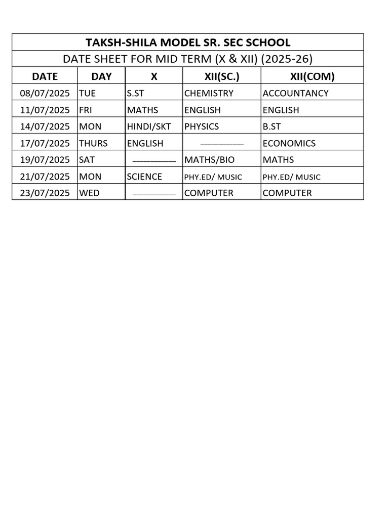 Mid Term Date Sheet 2025-26 | PDF