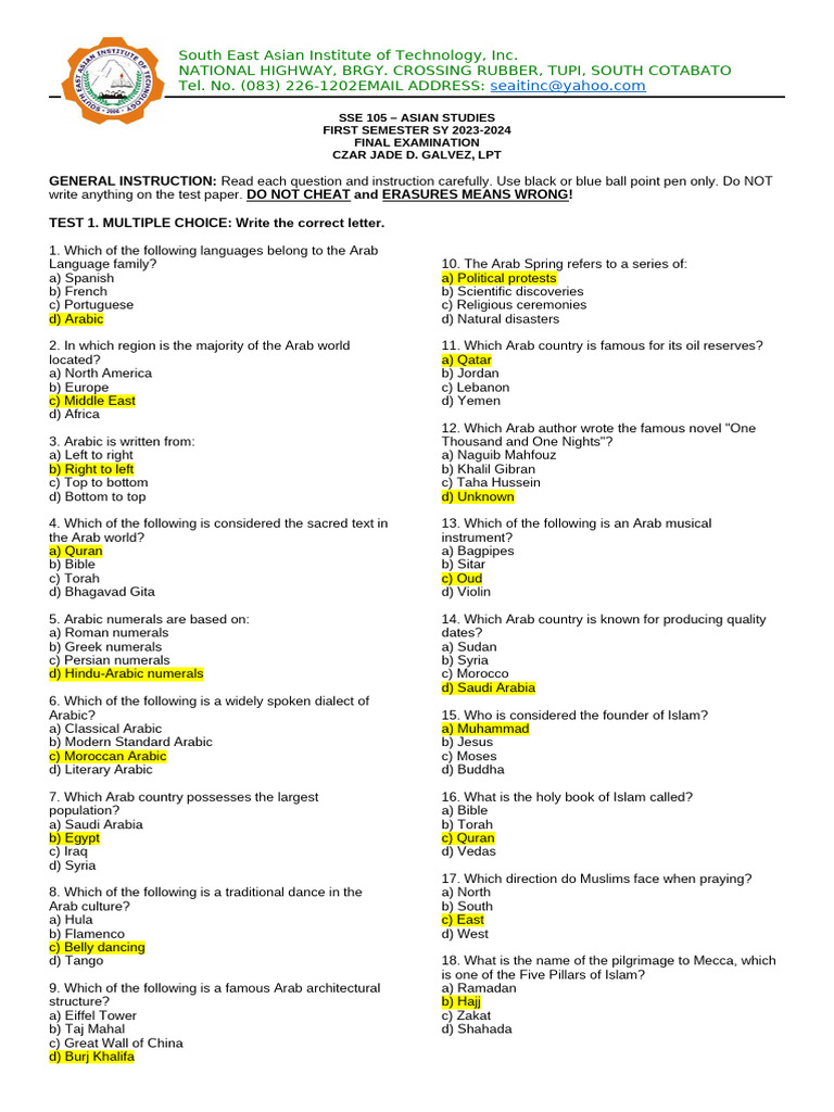 Asian Studies Final Exam 2023-2024 | PDF | Southeast Asia | Asia