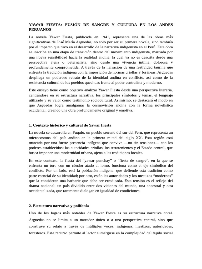 Análisis de Yawar Fiesta de Arguedas | PDF