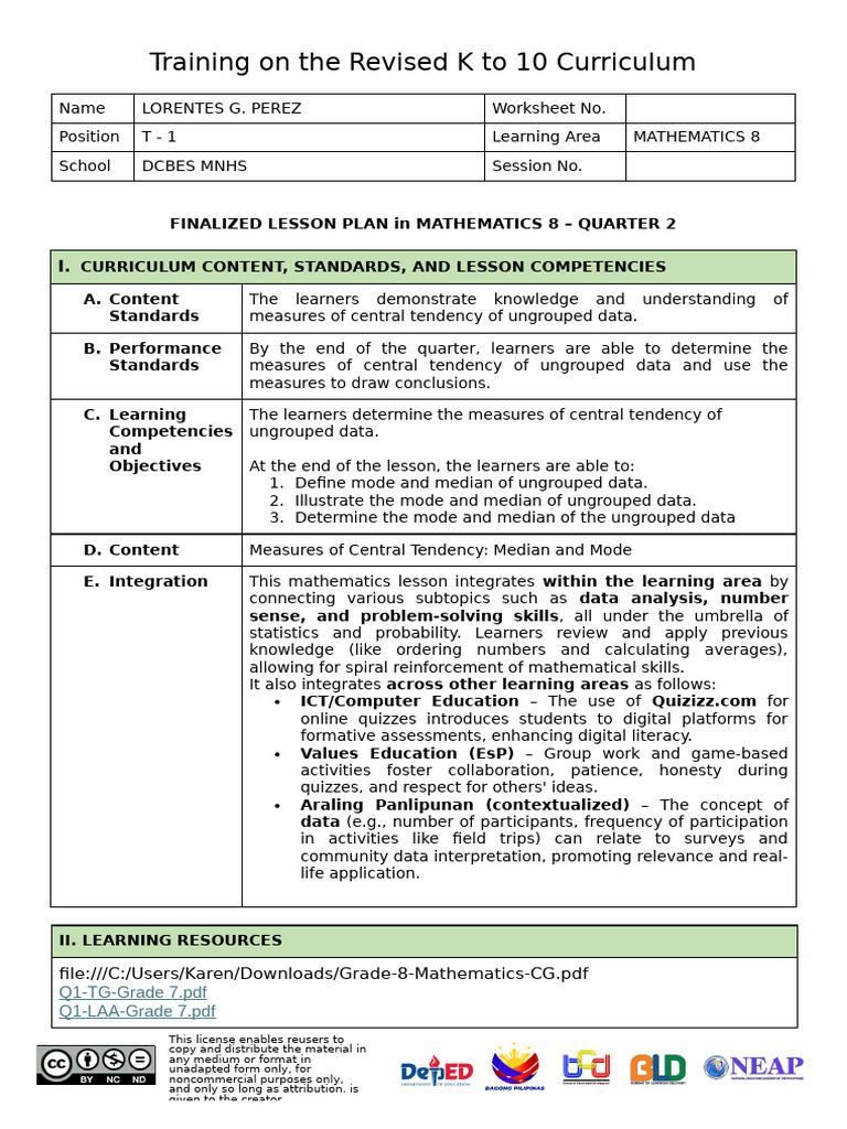 Lesson Plan in Math 8 Week 2 | PDF | Teachers | Mode (Statistics)