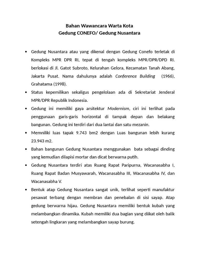Bahan Wawancara Gedung CONEFO | PDF