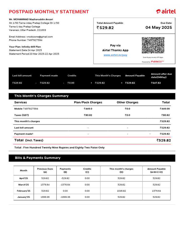 Postpaid Monthly Statement: Pay Via Airtel Thanks App | PDF | Payments |  Taxes