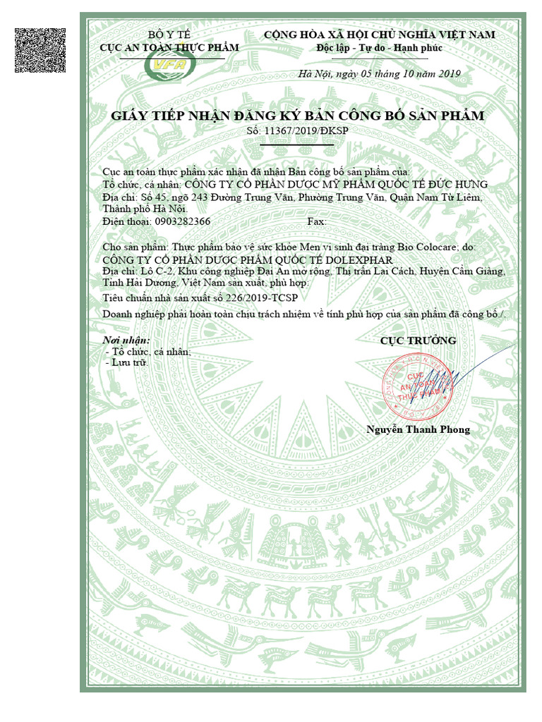 HS Công Bố SP Bio Colocare | PDF