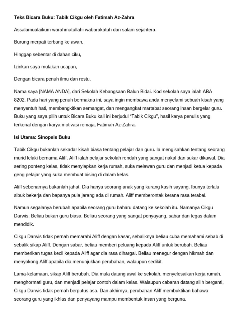 Teks Bicara Buku Tabik Cikgu Kemaskini | PDF