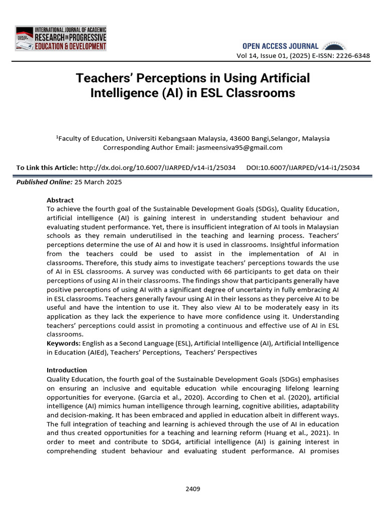Teachers' Views on AI in ESL Classrooms | PDF | Intelligence (AI ...