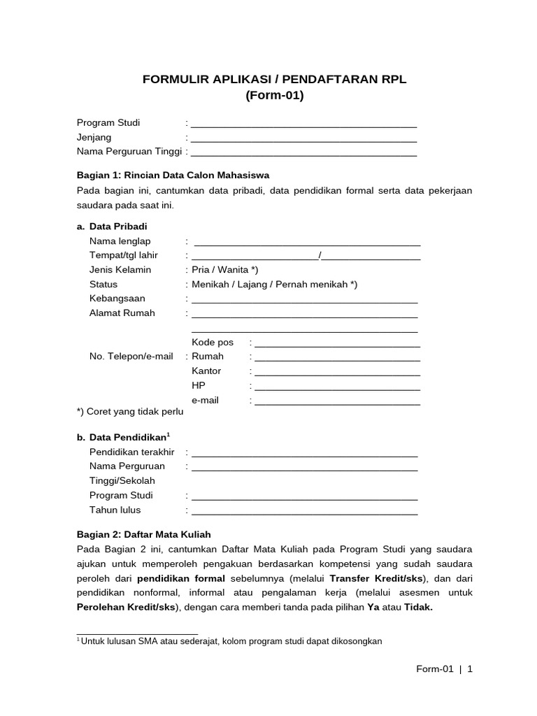 Formulir Aplikasi RPL Tipe A | PDF