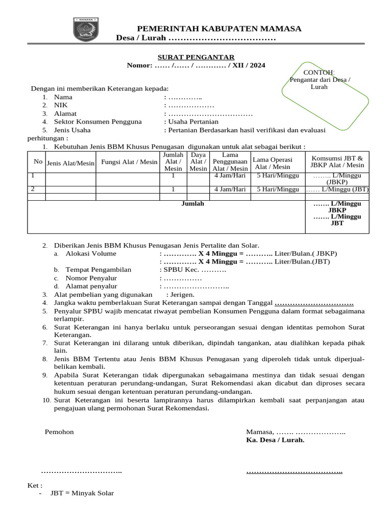 Contoh Surat Pengantar BBM Desa | PDF