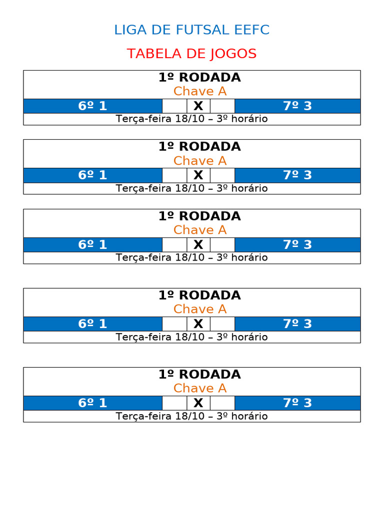 Tabela de Jogos Liga Futsal EEFC | PDF