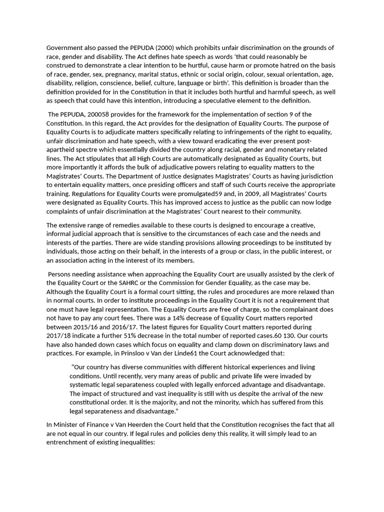 PEPUDA Regulations and Equality Courts | PDF | Discrimination ...