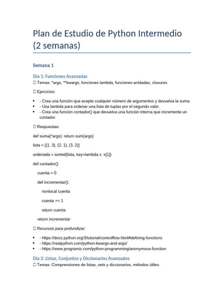 Plan de Estudio Python Intermedio 2 Semanas | PDF | Python (lenguaje de ...