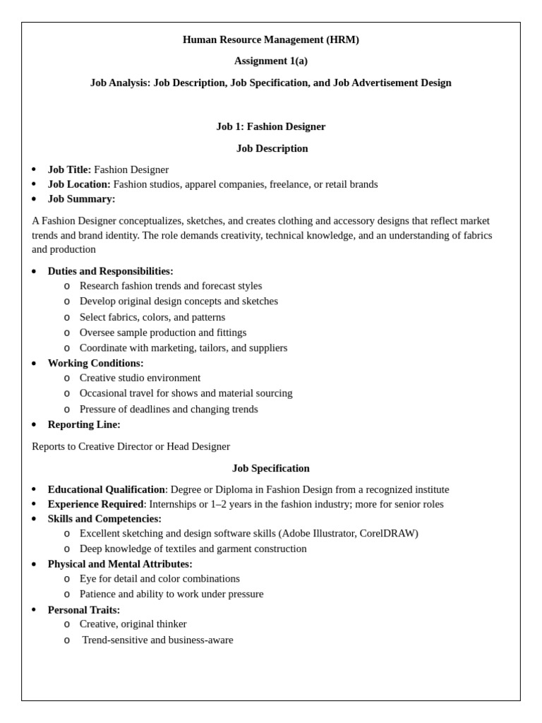Job Analysis for Fashion Designer, Chef, Journalist | PDF | Fashion Design  | Fashion