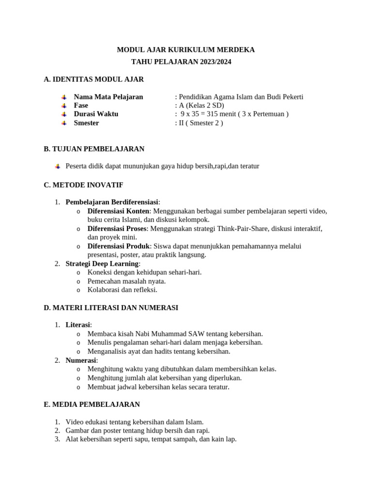 Modul Ajar PAI Kelas 2 SD Deep Learning | PDF