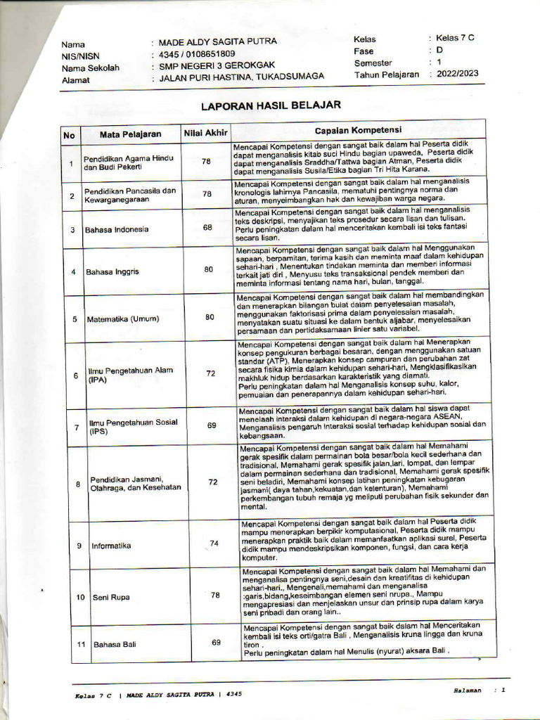 Kelas 7c Semester 1 | PDF