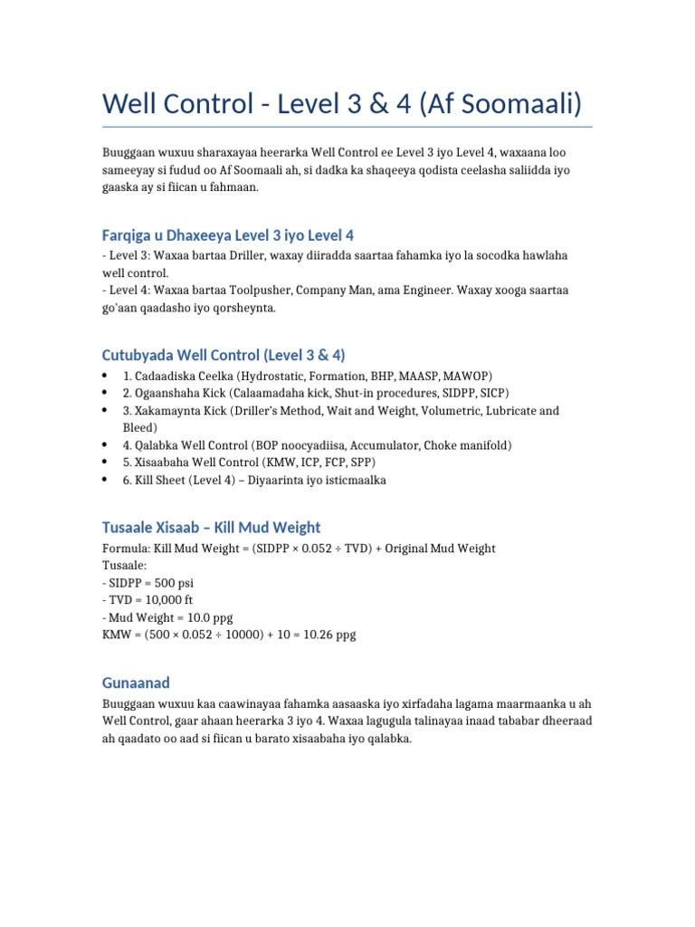Well Control Levels 3 & 4 Guide in Somali | PDF