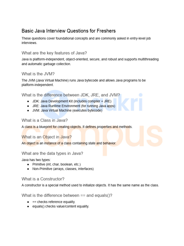 Basic Java Interview Questions for Freshers | PDF | Class (Computer ...