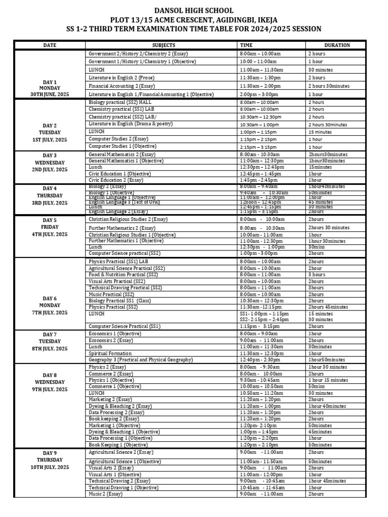 SS1-2 Third Term Exam Timetable 2025 | PDF