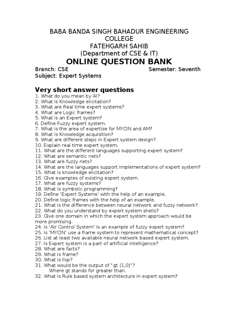 Expert Systems Question Bank for CSE | PDF | Fuzzy Logic | Expert