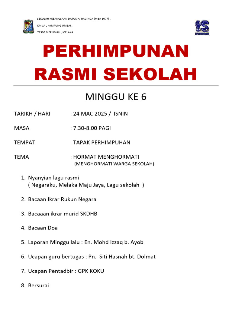 Perhimpunan Rasmi Sekolah: Minggu Ke 6 | PDF