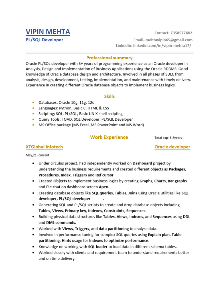 Oracle PL/SQL Developer Resume | PDF | Pl/Sql | Sql