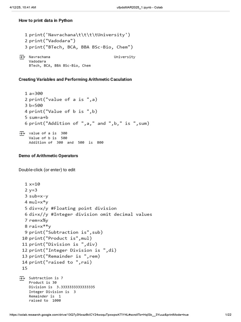 Python Data Printing and Calculations | PDF | Control Flow | Computing