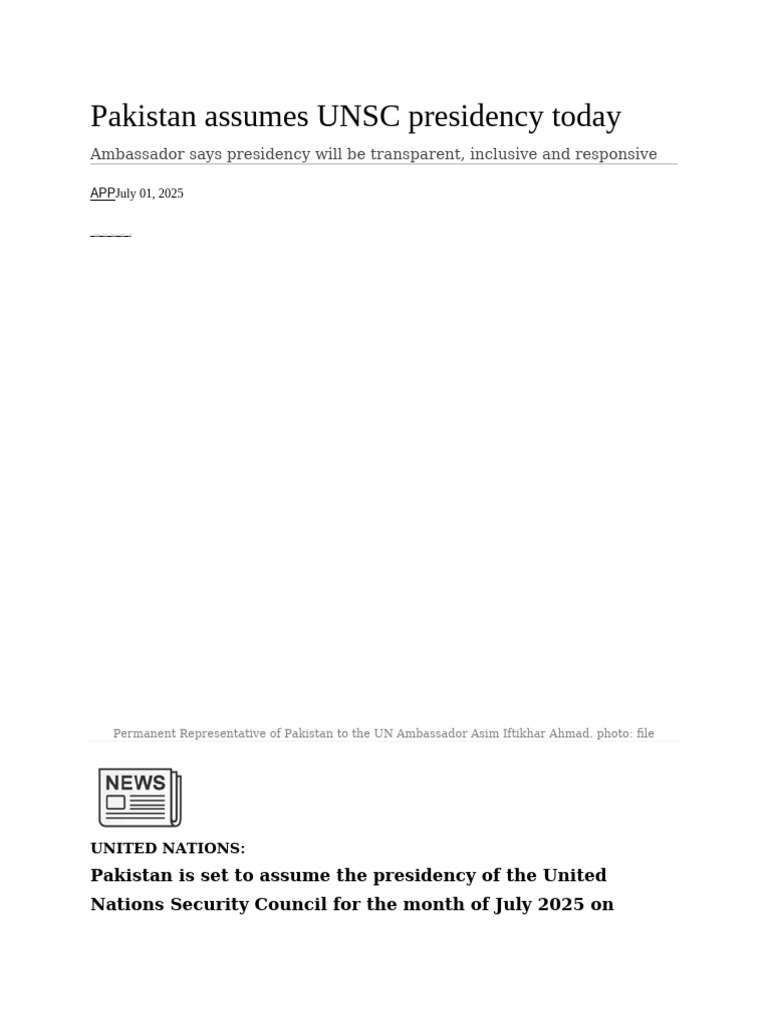 Pakistan Assumes UNSC Presidency Today | PDF | United Nations ...