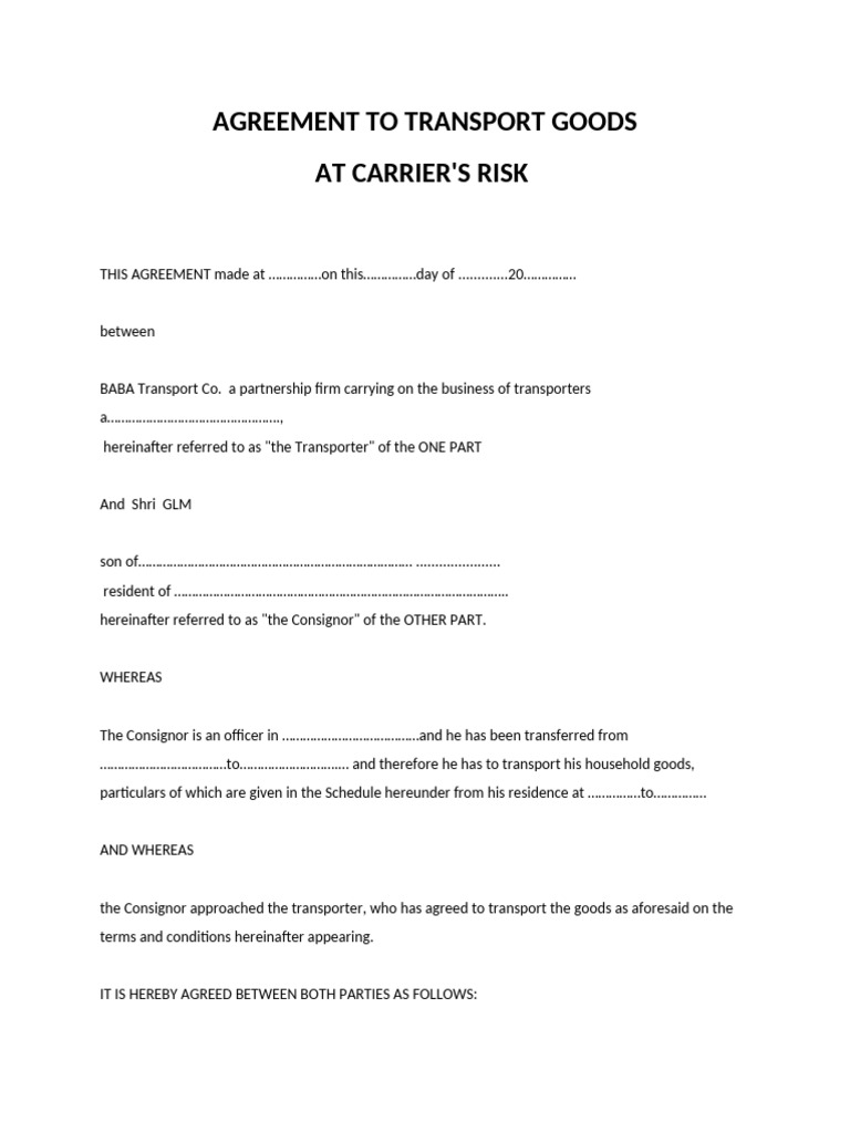 Agreement To Transport Goods at Carrier - S Risk | PDF | Civil Law ...