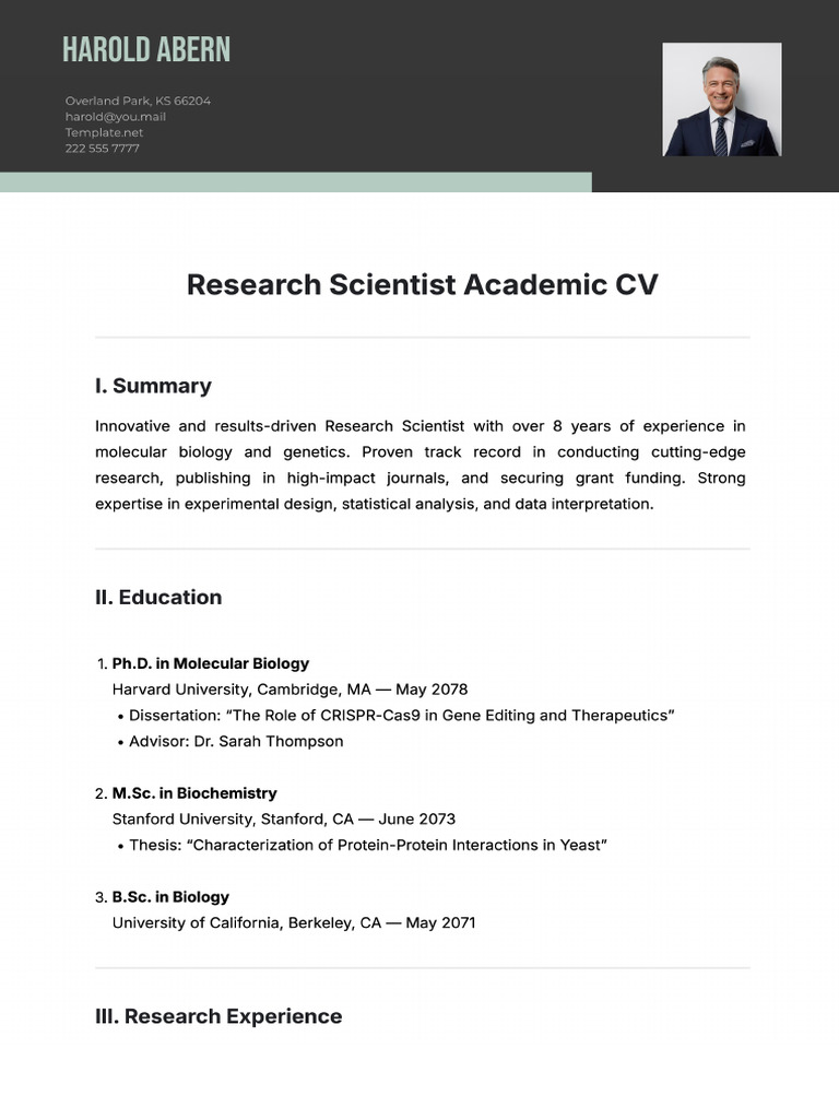 Free Research Scientist Academic CV Template | PDF