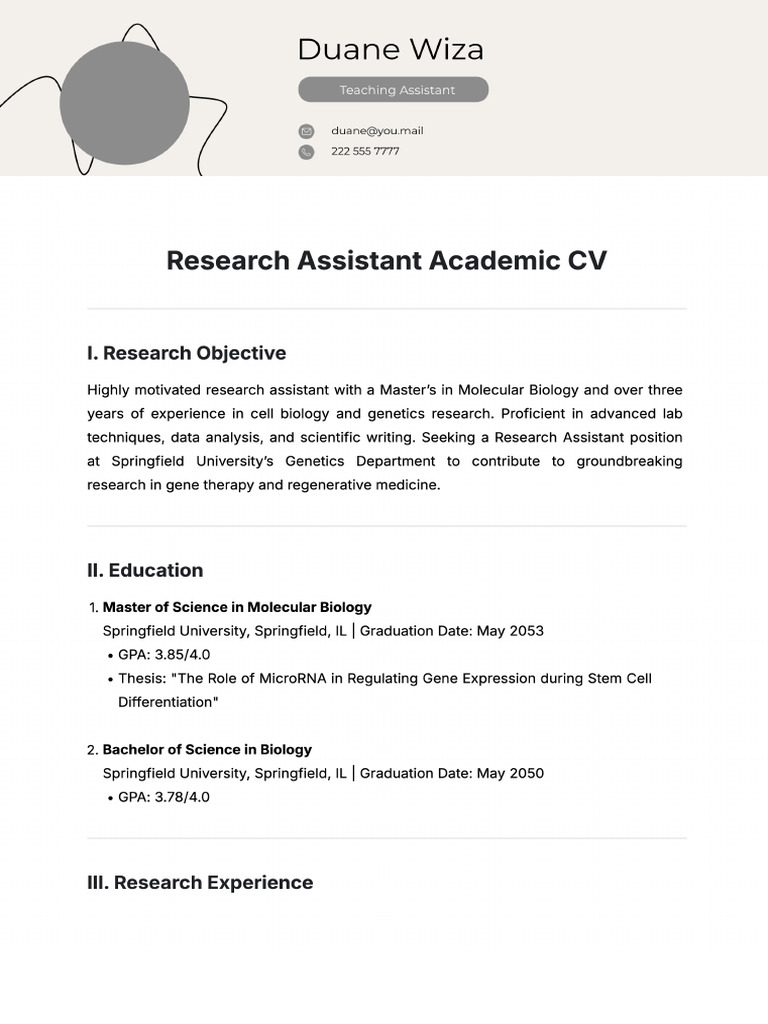 Free Research Assistant Academic CV Template | PDF