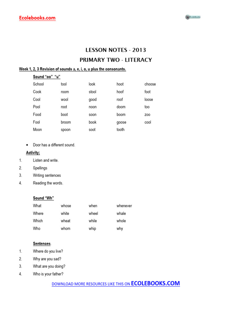 Primary Two Literacy Lesson Notes | PDF | Foods | Vegetables