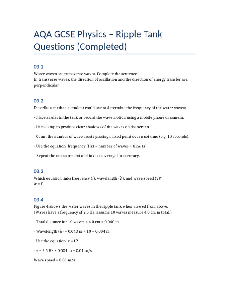 Ripple Tank Questions Completed | PDF