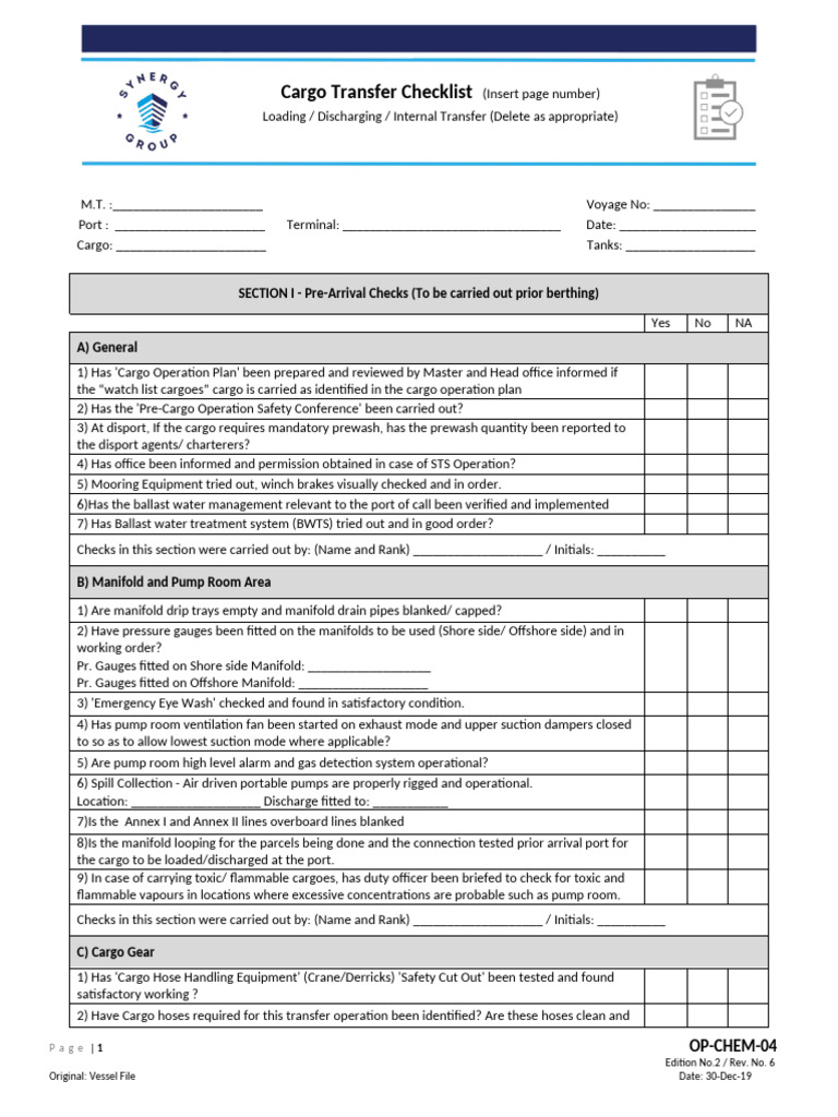 Cargo Transfer Safety Checklist | PDF | Pump | Valve