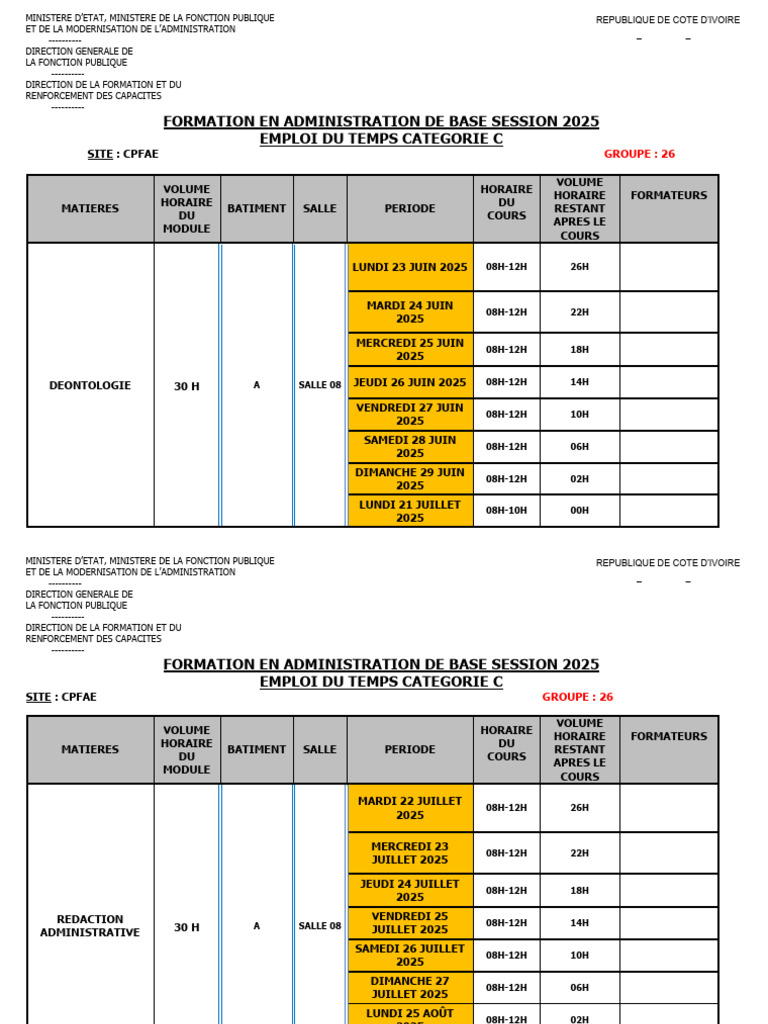 Emploi du temps formation 2025 | PDF