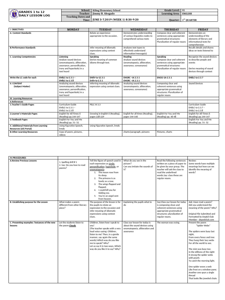 Grade VI English Daily Lesson Plan | PDF | Semantics | English Language
