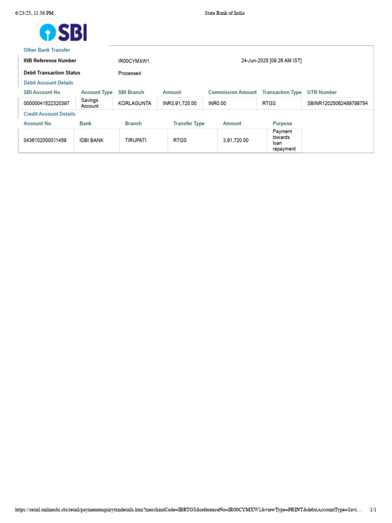 RTGS Loan Repayment Transaction Details | PDF