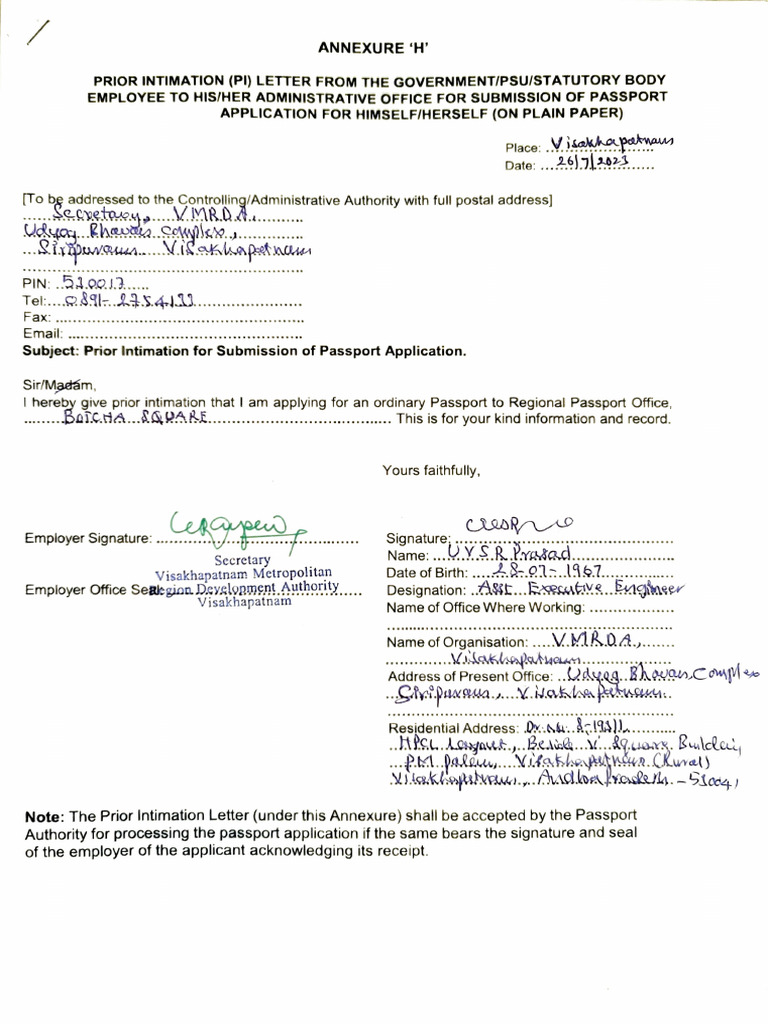 Prior Intimation Letter for Passport Application | PDF