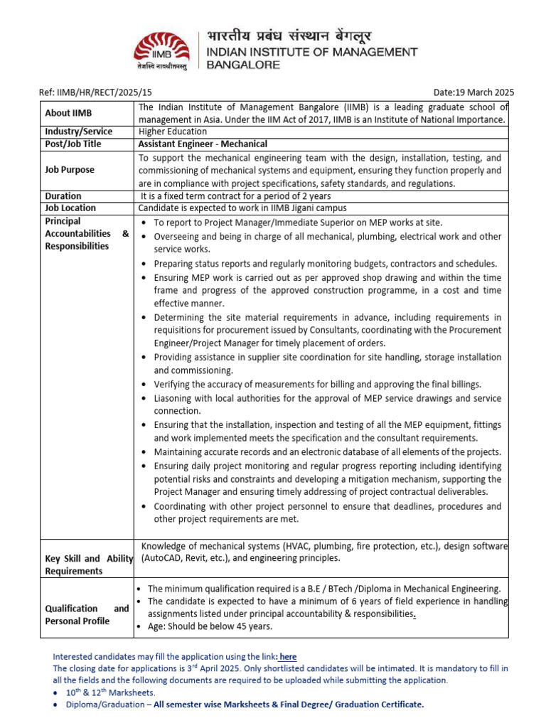 Assistant Engineer - Mechanical Job at IIMB | PDF