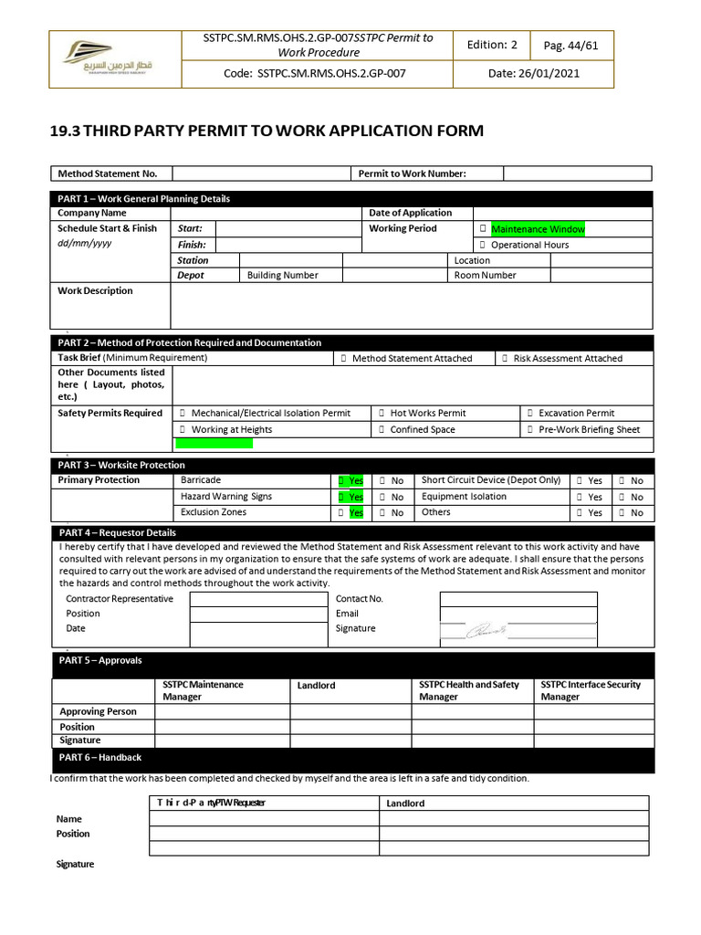 Third Party Permit to Work Form | PDF | Workplace | Safety