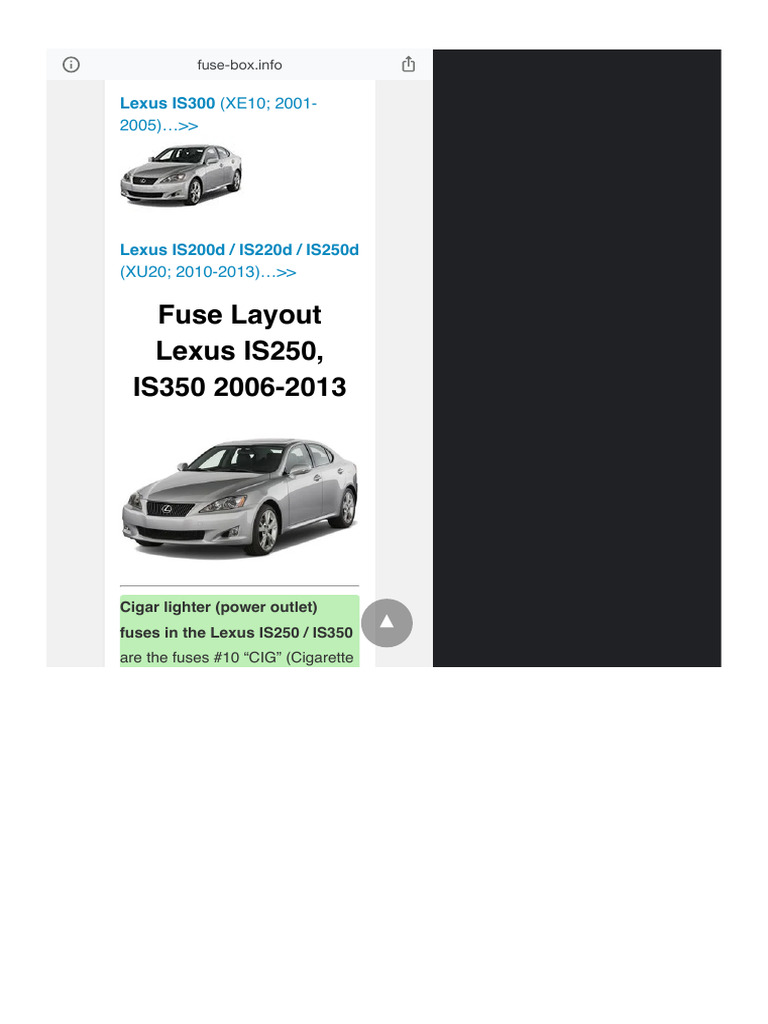 2008 lexus is250 cigarette lighter fuse Fuse Box Diagram Lexus IS250: Is350 (XE20 2006-2013)