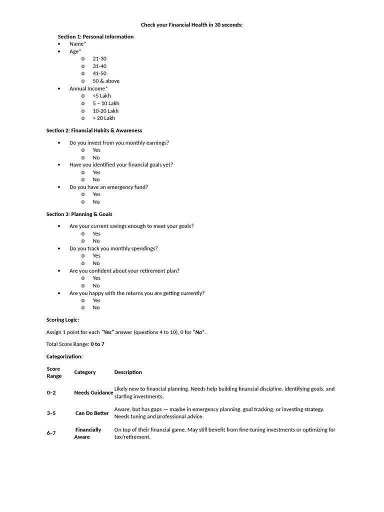 Financial Fitness Questionnaire | PDF