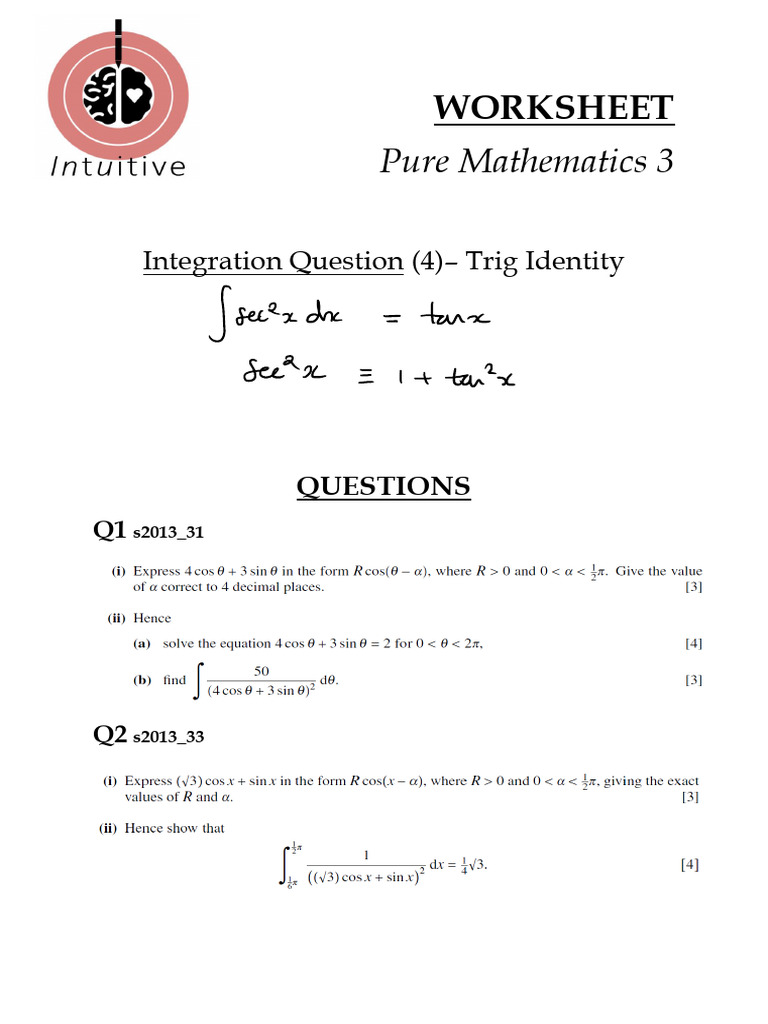 WORKSHEET - Integration Question (4) - Trig Identity | PDF