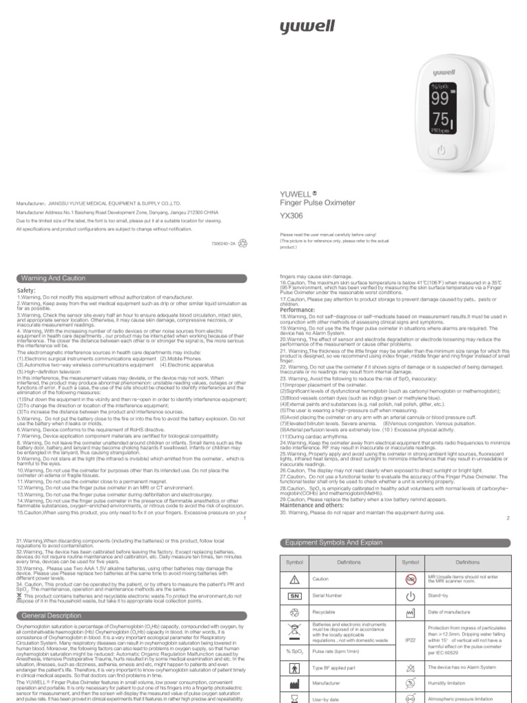 Yuwell YX306 Pulse Oximeter Manual | PDF | Electromagnetic Interference ...