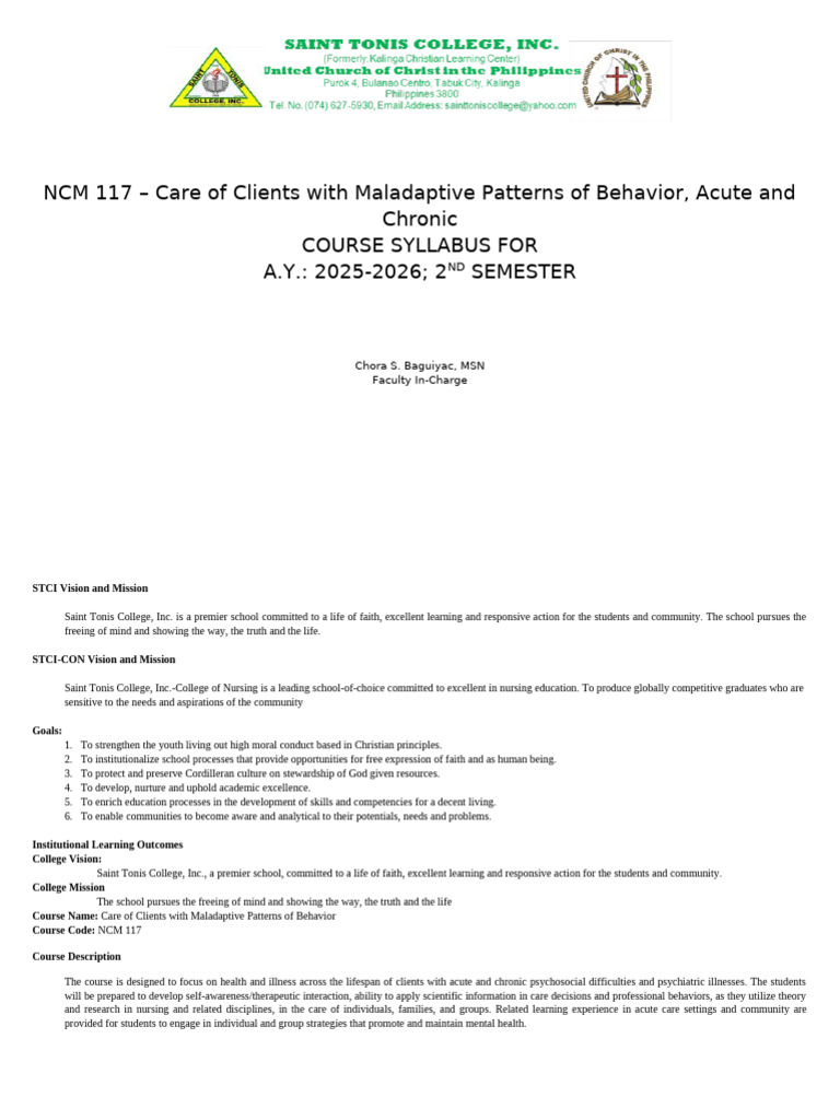 NCM 117: Care for Maladaptive Behaviors | PDF | Mental Disorder | Anxiety