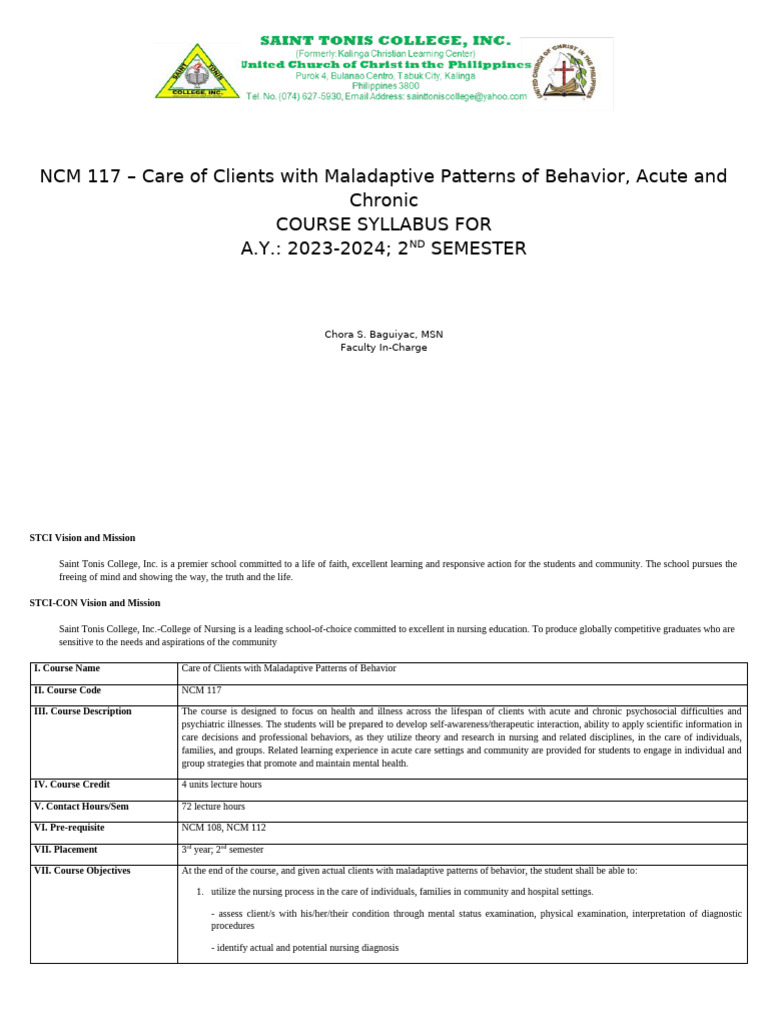 NCM 117: Psychiatric Nursing Syllabus | PDF | Mental Disorder | Anxiety