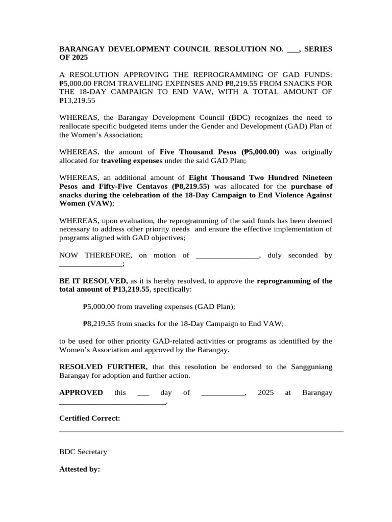 GAD Fund Reprogramming Resolution 2025 | PDF